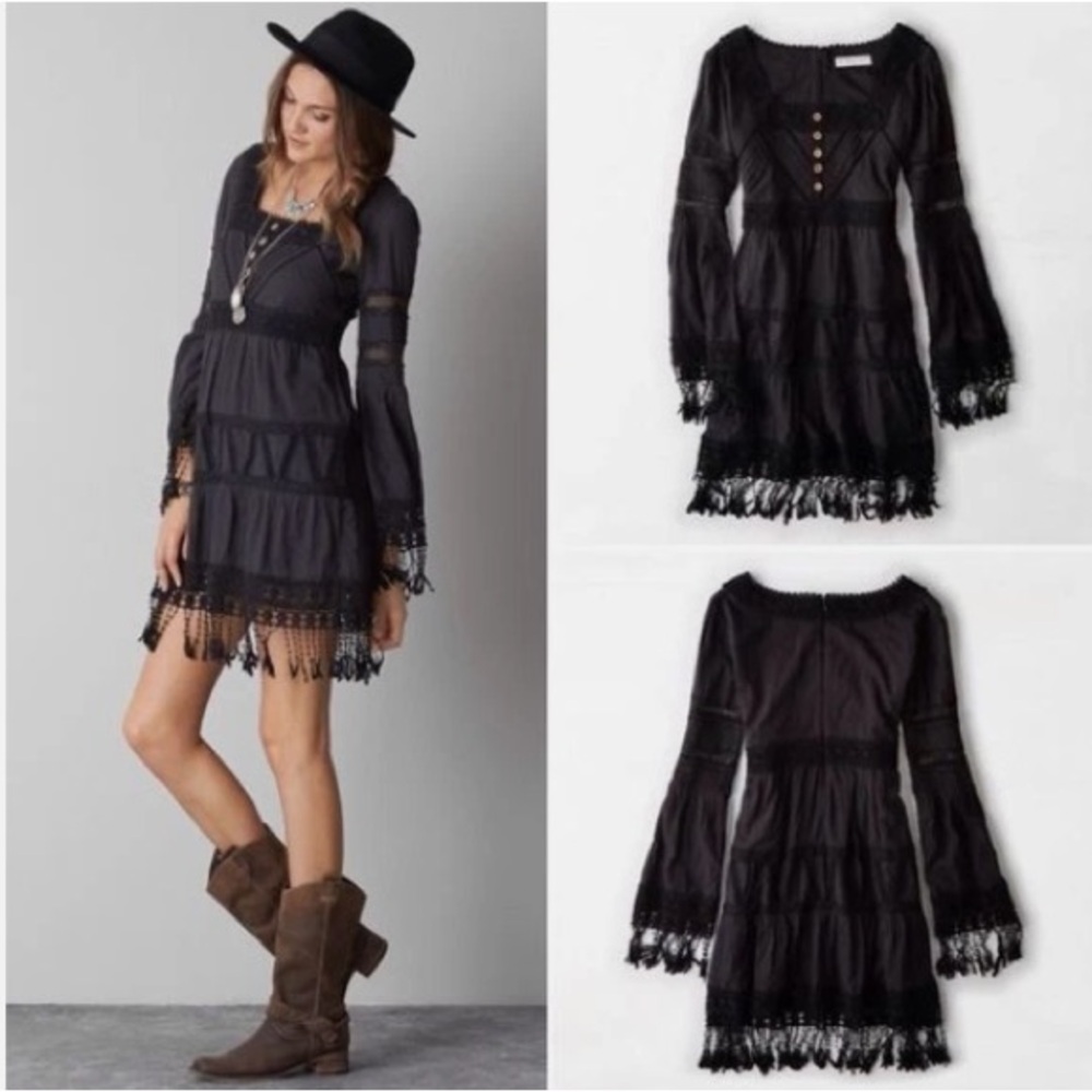 Artisan De Luxe x American Eagle Black Boho Cotton Crochet Bell Sleeve Dress XS